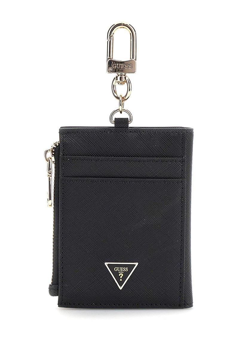 Portafoglio nero con superficie testurizzata, hardware dorato, scomparto con zip e slot per carte. Include un gancio per chiavi e un dettaglio con logo.
