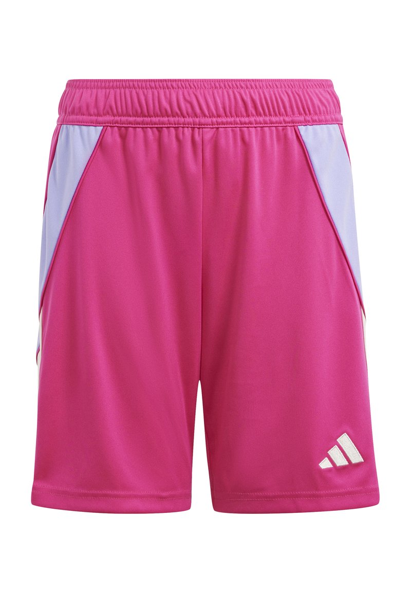 Roze sportshorts met lichtpaarse zijpanelen, elastische tailleband, gemaakt van gladde, lichte stof met een wit logo aan de onderkant.