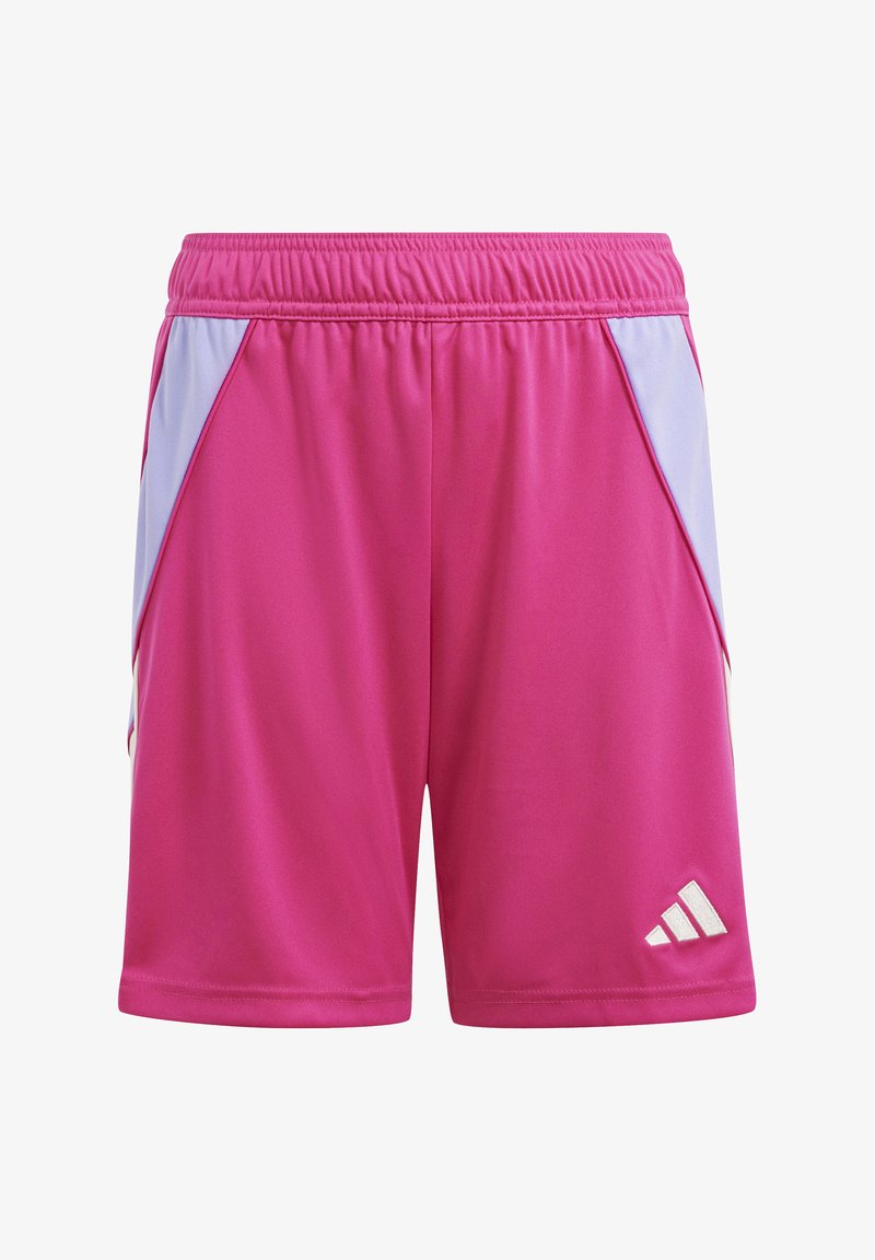 Pinke Sportshorts mit helllila Seitenpaneelen, elastischem Bündchen, aus glattem, leichtem Stoff und mit einem weißen Logo am unteren Ende.