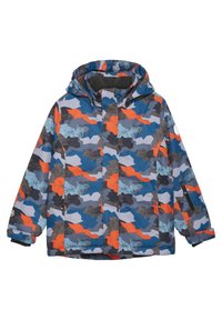 Mehrfarbige Winterjacke mit einem geometrischen Muster in Blau, Orange und Grau, mit Kapuze und seitlichen Reißverschlusstaschen.
