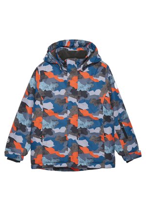 Giacca invernale multicolore con un motivo geometrico in blu, arancione e grigio, dotata di cappuccio e tasche laterali con zip.