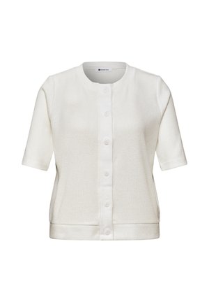 Weißer Kurzarm-Cardigan mit Rundhals und sechs Knöpfen vorne, aus strukturiertem Stoff, mit dem Label "Street One".