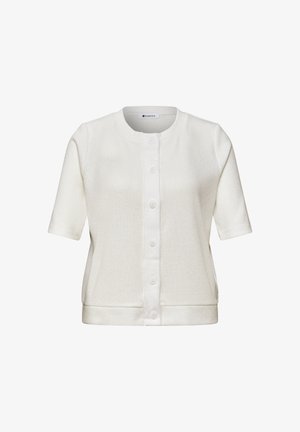 Bílý krátký cardigan s kulatým výstřihem a šesti předními knoflíky, vyrobený z texturované látky, označený "Street One".