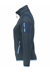 Fleece jack in donkergrijs met een gestructureerd patroon. Heeft een hoge kraag, contrasterende blauwe ritsen en een zak op de bovenarm.