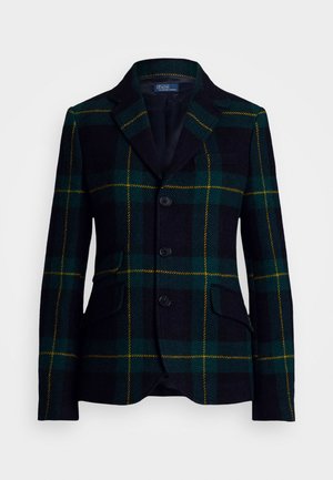 Kárované sako vyrobené z vlnenej zmesi, s tmavozelenou a námorníckou modrou farbou a žltými akcentmi. Výrazné detaily zahŕňajú klopený golier a dve predné vrecká.