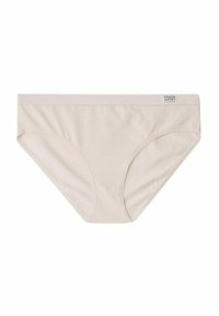 Culotte en coton beige au toucher lisse, dotée d'une taille douce et d'une étiquette de marque discrète sur le côté. Design à coupe classique.