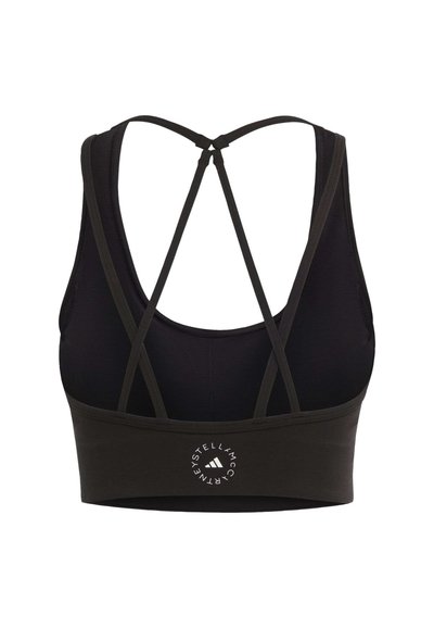 Black sports bra with narrow crisscross straps and circular logo at the lower back, featuring the Stellas McCartney and Adidas brands.
