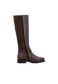 Brown leather knee-high boots with a textured corduroy panel, side zipper, and rubber sole. Features a wide strap at the ankle.