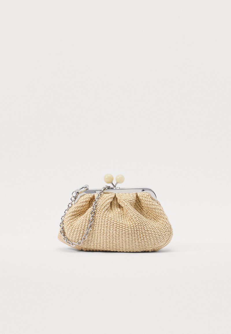 Beige woven straw clutch bag with a silver metallic frame and chain shoulder strap, featuring two round beige beads as closure accents.