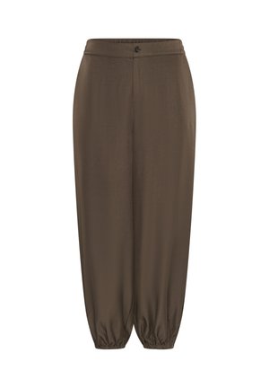 Brązowe zwężane spodnie z elastycznymi ściągaczami na sznurek, zapięciem na guzik i zamek oraz gładką fakturą materiału.