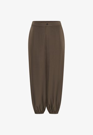 Brūnas saru pieguļošas bikses ar elastīgām auklas aprocēm, pogu un rāvējslēdzēja aizdari, un gludu auduma tekstūru.