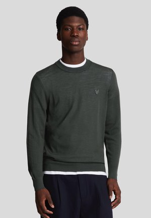 Pull en tricot vert foncé avec un col rond, des manches longues et un petit logo brodé sur la poitrine, porté par-dessus un t-shirt blanc.