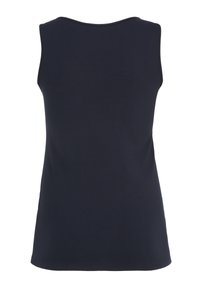 Navy blue sleeveless top made of soft fabric with a round neckline and smooth texture, featuring a simple design.