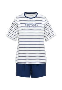 Korte mouwen witte en marine gestreepte shirt met "TOM TAILOR EST. 62" logo, gecombineerd met effen marineblauwe shorts, gemaakt van zachte stof.