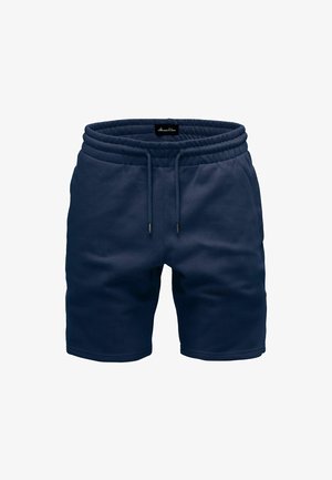 Marineblaue Shorts aus weichem Stoff, mit einem elastischen Bund, Kordelzug und einem lockeren Schnitt, ideal für Komfort und lässige Kleidung.