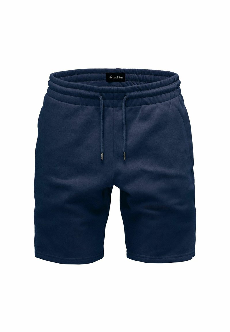Marineblaue Shorts aus weichem Stoff, mit einem elastischen Bund, Kordelzug und einem lockeren Schnitt, ideal für Komfort und lässige Kleidung.