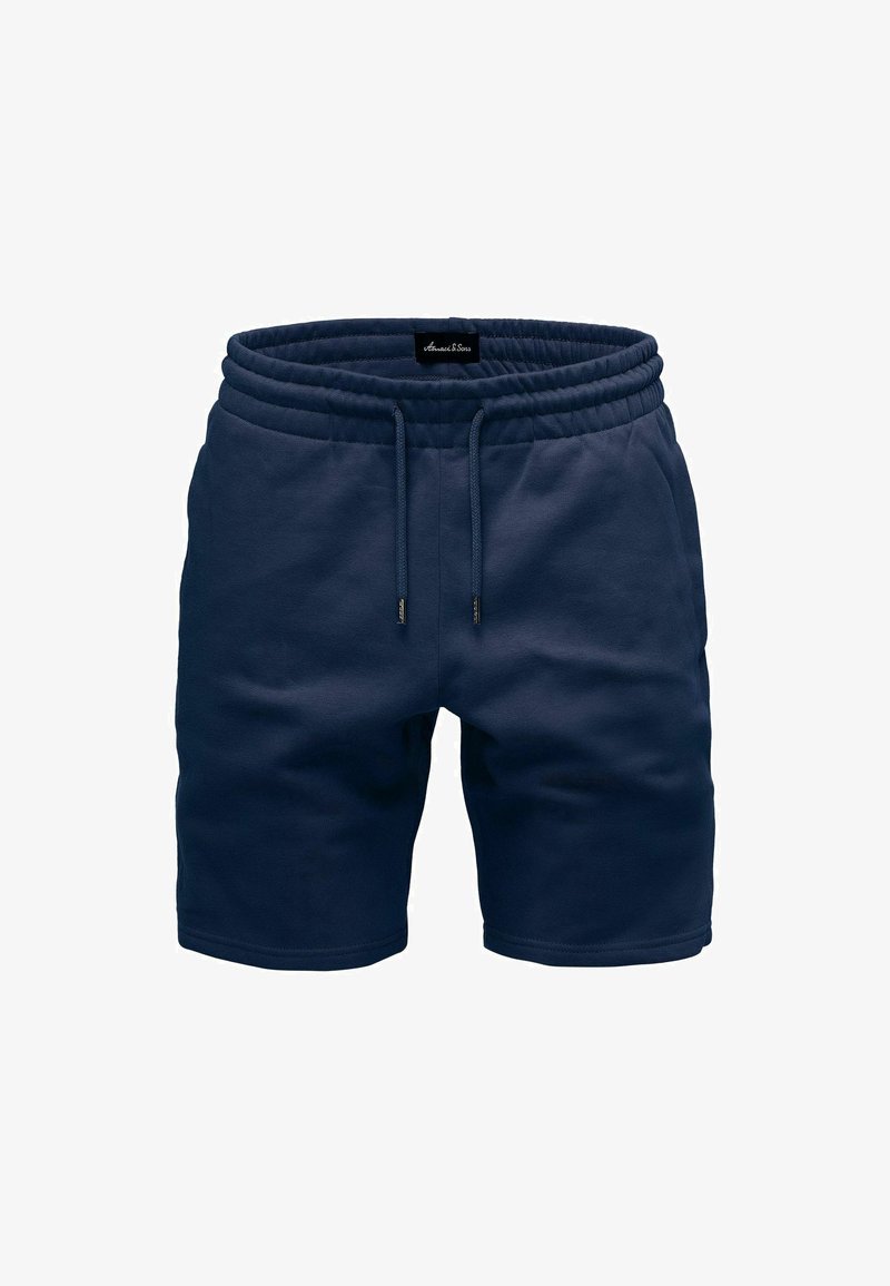 Marineblaue Shorts aus weichem Stoff, mit einem elastischen Bund, Kordelzug und einem lockeren Schnitt, ideal für Komfort und lässige Kleidung.