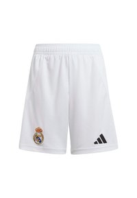 White athletic shorts made from breathable fabric, featuring a blue and gold embroidered club logo on the left leg and black three-stripe accents.