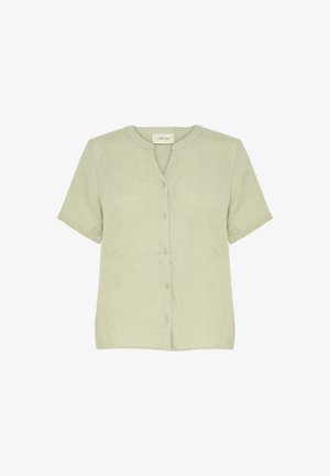 Lichtgroen shirt met korte mouwen van een linnenmix, met een ronde hals, knoopsluiting aan de voorkant en een relaxte pasvorm met een licht gestructureerde oppervlakte.
