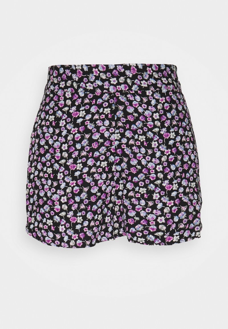 Shorts noirs taille haute avec un motif floral petit et omniprésent en rose, blanc et bleu, dotés d'une ceinture ajustée et d'une coupe décontractée.