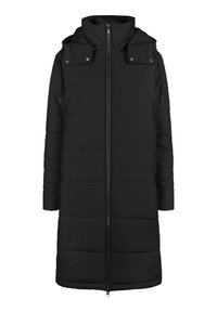 Schwarze Daunenjacke mit langer Silhouette, Reißverschluss vorne, verstellbare Kapuze, gesteppten Textur, Seitentaschen und glatter Oberfläche.