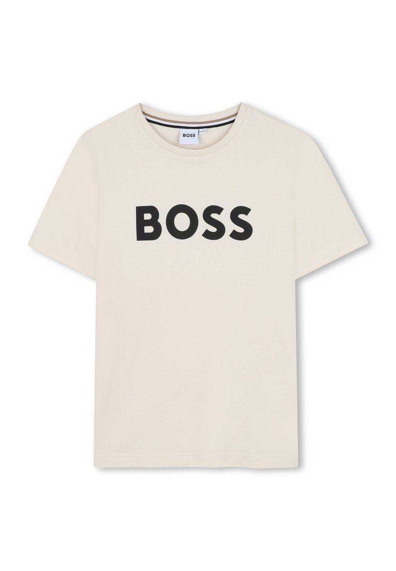 Light beige cotton t-shirt featuring a rounded neckline and short sleeves. The oversized black “BOSS” logo is prominently displayed on the front.