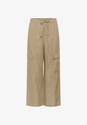Béžové široké cargo nohavice s elastickým pásom, predným zaväzovaním a náprsnými vreckami na oboch stranách.