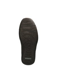 Zwarte rubberen zool met gestructureerde grippatronen, met een afgeronde vorm en zichtbaar merkembleem, ontworpen voor duurzaamheid en grip.