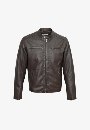 Bruine leren jas met een korte kraag, ritssluiting aan de voorkant en vier met rits afgesloten zakken. Glad oppervlak met een getailleerd silhouet.