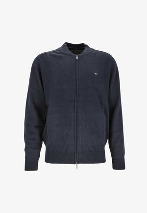 Marineblauer Reißverschluss-Pullover mit gerippten Bündchen an Ärmeln und Saum, kleinem besticktem Logo auf der Brust und Rundhalsausschnitt.