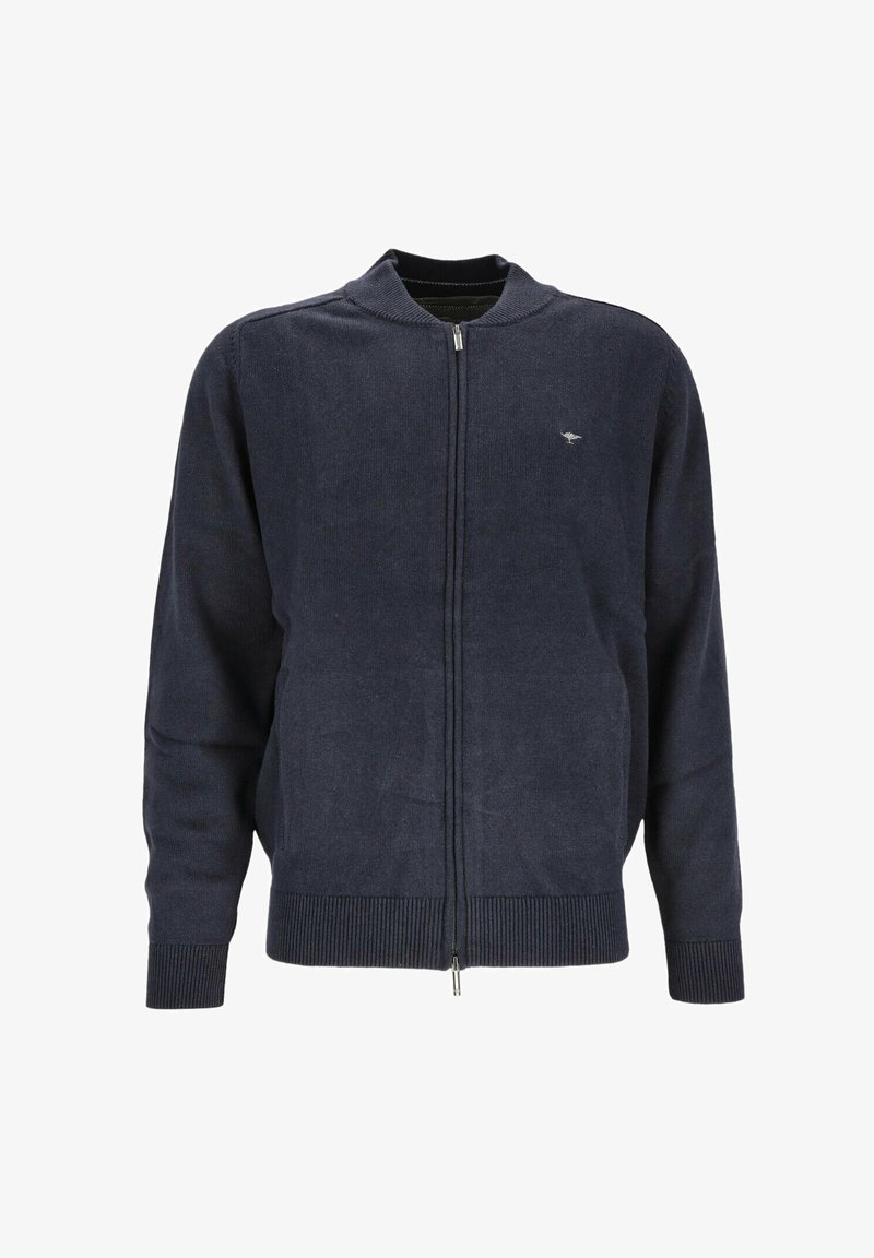 Suéter azul marino con cremallera, puños y dobladillo acanalados, pequeño logo bordado en el pecho y cuello redondo.