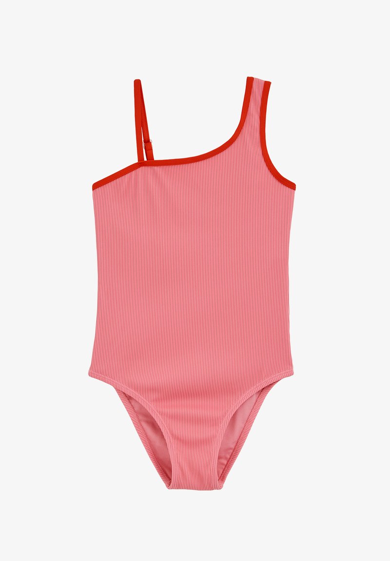 Jednobodové ružové plavky s červenými akcentmi a dizajnom s úzkym remienkom. Rebrovaná textúra, hladký povrch a priliehavý strih pre elegantný vzhľad.