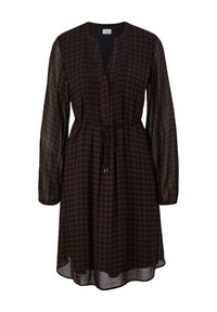 Robe noire longueur genoux avec manches longues transparentes, motif géométrique rouge subtil, encolure ronde, plis à l'avant et fine ceinture à la taille.