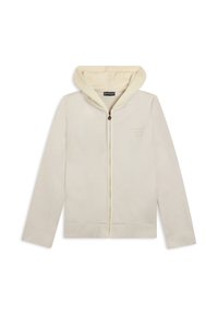 Felpa con cappuccio e zip di colore crema, realizzata in tessuto morbido, con due tasche frontali e un logo ricamato discreto sul lato sinistro del petto.