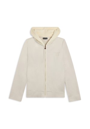 Felpa con cappuccio e zip di colore crema, realizzata in tessuto morbido, con due tasche frontali e un logo ricamato discreto sul lato sinistro del petto.