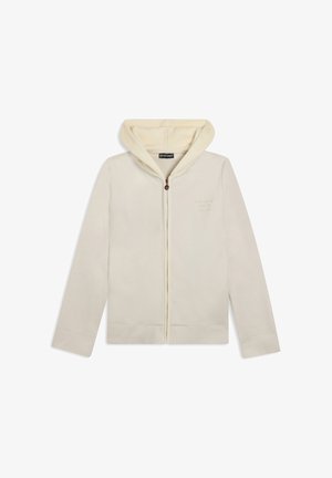 Sweatshirt zippé à capuche en crème, en tissu doux, avec deux poches avant et un logo brodé subtil sur la poitrine gauche.
