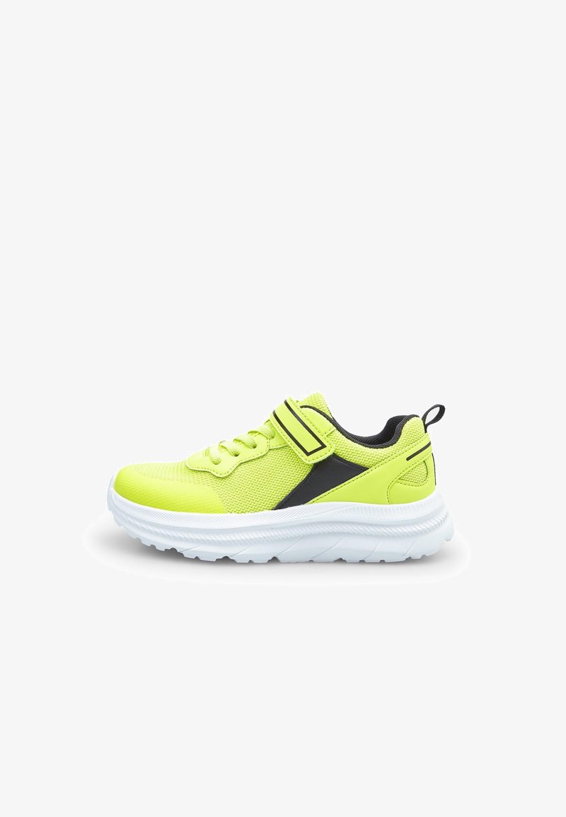 Bright neon yellow athletic shoe with black accents, mesh upper, lace closure, and adjustable strap, featuring a cushioned white sole.