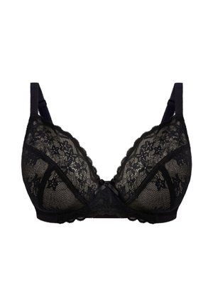 Schwarzer Spitzen-BH in Dreieckform mit floralem Muster, gewellten Kanten und verstellbaren Trägern. Mit einer kleinen Satinschleife in der Mitte verziert.