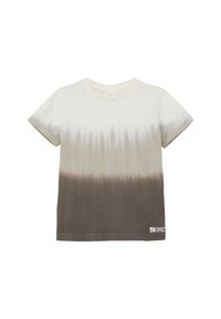 Korte mouwen t-shirt in crème met een gradient tie-dye effect dat overgaat van licht naar donker bruin. Zachte katoenmaterialen, ronde hals.
