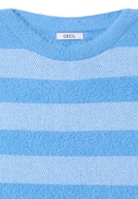 Maglione azzurro chiaro a maglia con righe orizzontali alternate di texture e lisce. Scollo rotondo e etichetta con la scritta "CECIL" sul colletto.