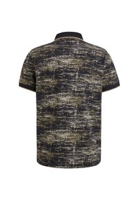 Korte mouw polo shirt in zwart en goud, met een gestructureerd patroon en contrasterende afwerking op de kraag en mouwen.