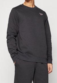 Tmavě šedá mikina s žebrovanými manžetami a lemem. Na hrudi má malé logo. Vyrobena z měkké a strukturované látky.