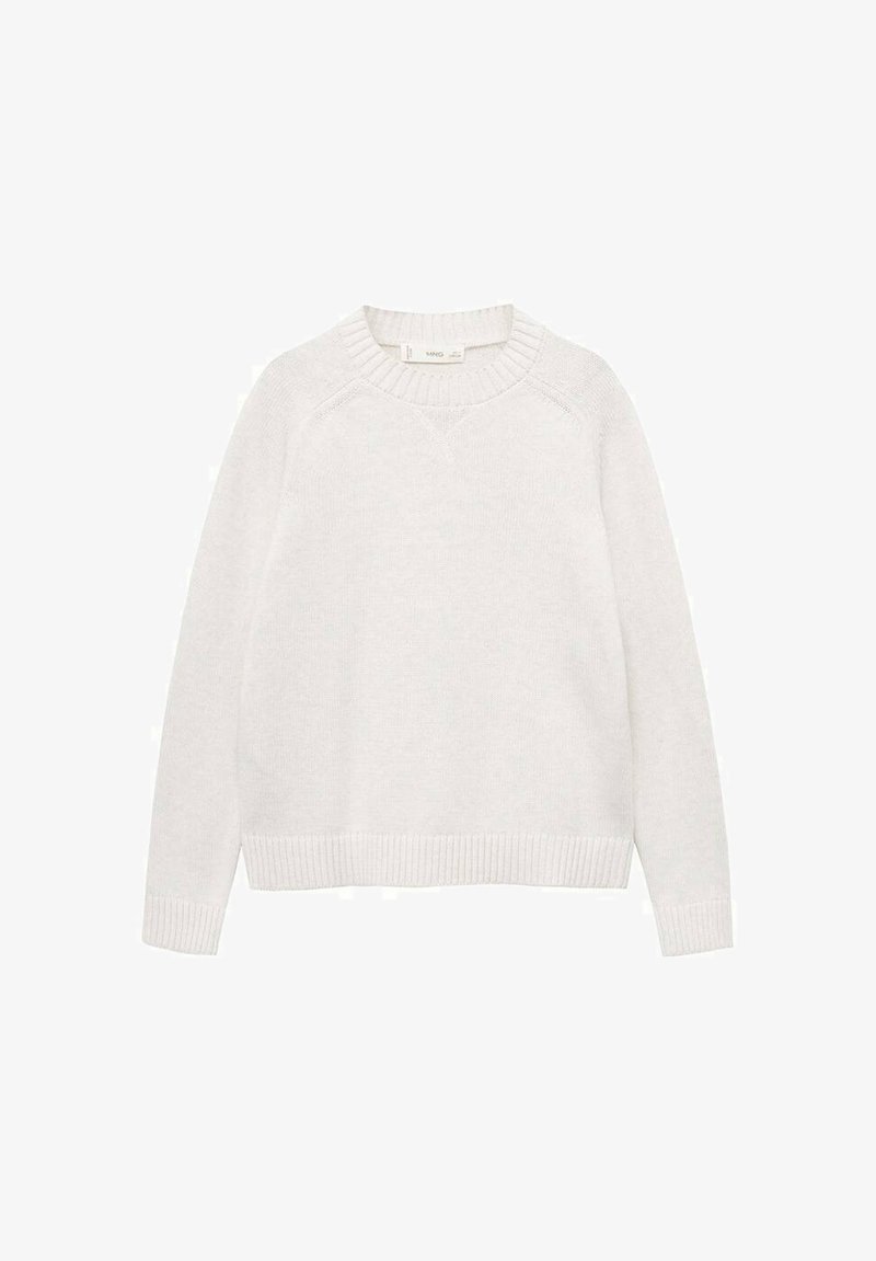 Svetri svetlo sive boje z ribanim pletenjem z okroglo ovratnikom in raglan rokavi, izdelan iz mehke tkanine, z odprtim krojem.