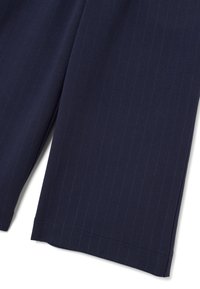 Marineblauwe streepjesslagbroek, gemaakt van een gladde stof, met een rechtogige pasvorm en een schone zoom zonder zichtbare sluitingen of accenten.