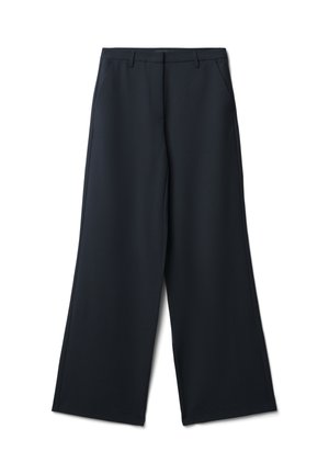 Wide-leg trousers in dark navy fabric, featuring a flat front, side pockets, and a smooth texture. Simple design with no visible patterns.