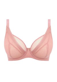 Soutien-gorge en dentelle de couleur rose doux avec des motifs géométriques, bonnets avec armature, bretelles réglables et un petit accent doré au centre.