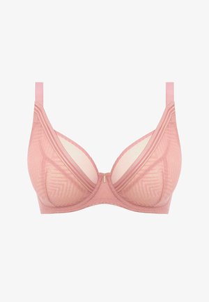 Lace beha in zachtroze met geometrische patronen, beugels, verstelbare bandjes en een klein gouden accent in het midden.