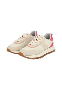 Beige athletic shoes with pink and orange accents, suede and synthetic upper, textured rubber sole, and padded collar for comfort.