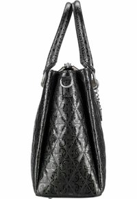 Borsa nera con materiale testurizzato, caratterizzata da un motivo diagonale, due manici superiori e dettagli metallici che creano una forma strutturata.