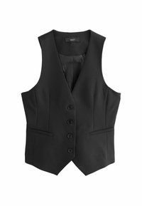 Czarna, bezrękawnikowa kamizelka z dekoltem w serek, pięcioma guzikami z przodu i dwoma kieszeniami; wykonana z gładkiego materiału z drobnymi detalami krawieckimi.